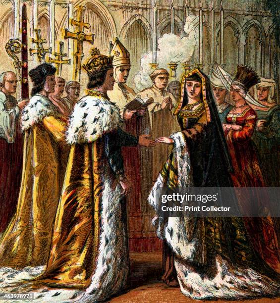 The marriage of Henry VII . Colour plate from Pictures of English History, George Routledge & Sons, .