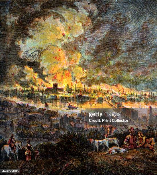 'Great Fire Of London, 1666', . Colour plate taken from the book Pictures of English History, George Routledge And Sons, London, New York, c1850.