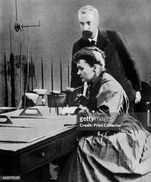 Pierre and Marie Curie in their laboratory. 1898, . Polish-born Marie Curie and her husband Pierre continued the work on radioactivity started by...