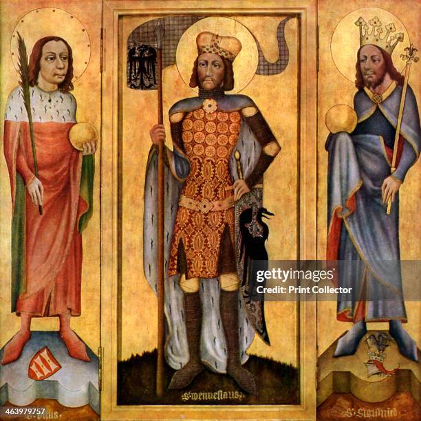 Mulhouse Altarpiece, open, c1385 . St Vitus, St Wenceslas and St Sigismund. Found in the collection of The State Gallery, Stuttgart. A print from...