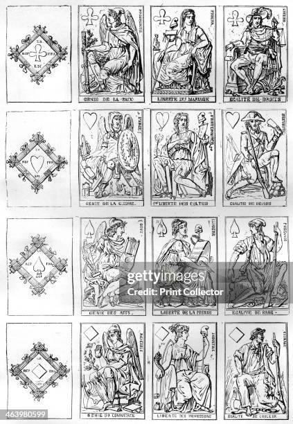 Playing cards of the French Republic, 1790 . Playing cards with allegories in place of the more traditional kings, queens and knaves. A print from La...