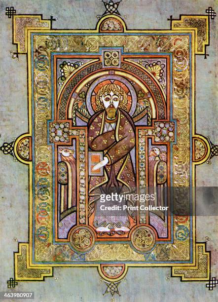 Portrait of St Matthew, 800 AD, . A 20th-century copy of the illustrated manuscript, produced by Celtic monks around AD 800. Illustration from The...