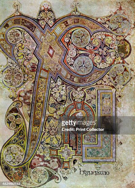 The Monogram Page, 800 AD, . A 20th-century copy of the illustrated manuscript, produced by Celtic monks around AD 800. Illustration from The Book of...