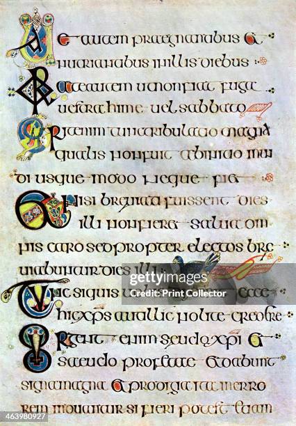 Decorated text page, 800 AD, . A 20th-century copy of the illustrated manuscript, produced by Celtic monks around AD 800. Illustration from The Book...