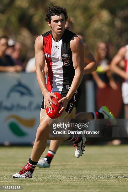 Number 1 draft pick Paddy McCartin runs with the ball during the St Kilda Saints AFL intra club match at Linen House Oval on February 21, 2015 in...