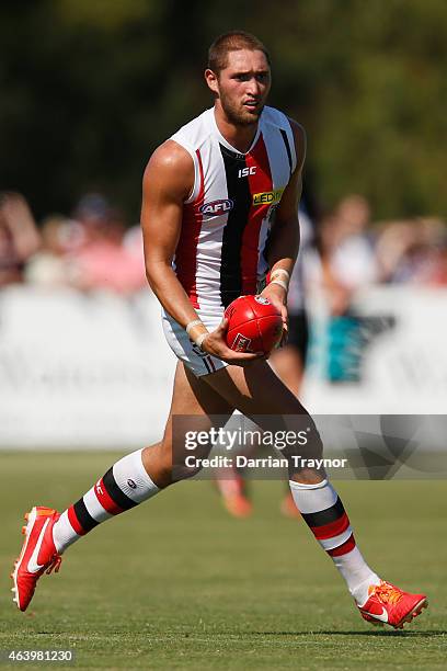 Spencer White of the Saints runs with the ball during the St Kilda Saints AFL intra club match at Linen House Oval on February 21, 2015 in Melbourne,...