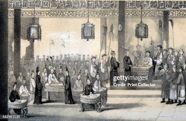 'The annual festival celebrating the emperor's birthday, revived by Kublai-Khan', 1847. Scene in the Chinese imperial court. Illustration from The...