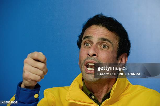 Miranda state governor and opposition leader Henrique Capriles speaks during a press conference in Caracas on February 20, 2015. The United States...