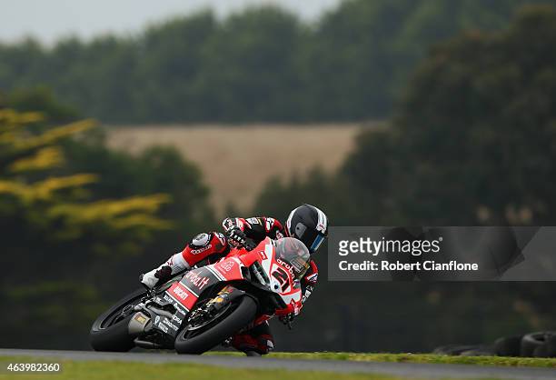 Troy Bayliss of Australia rides the Aruba.it Racing-Ductati Superbike Team Ducati Panigale R during practice for the World Superbikes World...