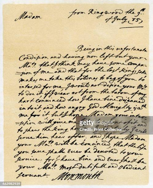 Letter from James, Duke of Monmouth to the Catherine of Braganza, Ringwood, 9th July, 1685. Letter from James, Duke of Monmouth to the Queen Dowager...