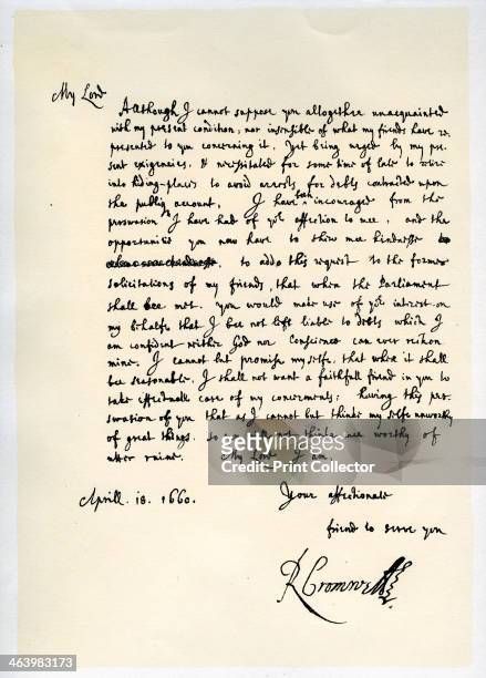 Letter from Richard Cromwell, Lord Protector, to General George Monck, 18th April 1660. Letter requesting Monck to use his interest with the...