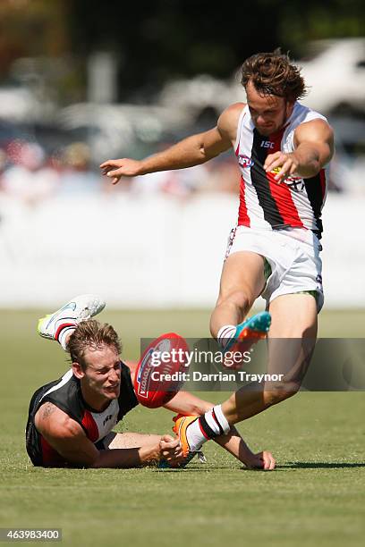 Jimmy Webster tackles Josh Saunders during the St Kilda Saints AFL intra club match at Linen House Oval on February 21, 2015 in Melbourne, Australia.