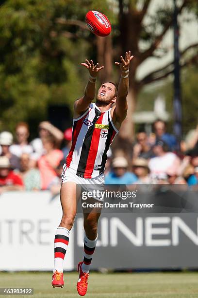 Spencer White marks the ball during the St Kilda Saints AFL intra club match at Linen House Oval on February 21, 2015 in Melbourne, Australia.