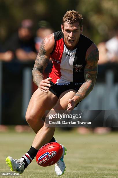 Tim Membrey gathers the ball during the St Kilda Saints AFL intra club match at Linen House Oval on February 21, 2015 in Melbourne, Australia.