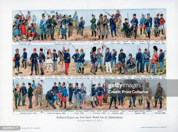 Types of soldiers from the end of the 19th century, 1900. Illustrations of uniforms from various different countries.