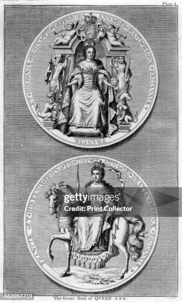 The great seal of Queen Anne of Great Britain. Anne was the daughter of James II, deposed by William of Orange in the Glorious Revolution of 1688....
