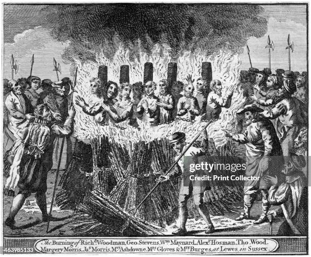 The Burning of ten protestant martyrs, Lewes, Sussex, 1557. Seventeen Protestant martyrs were burned at the stake between 1555 and 1557 during the...