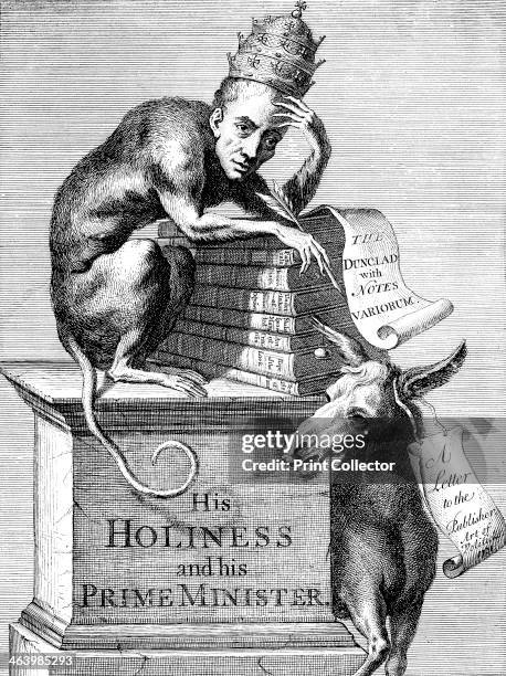 'The phiz and character of an Alexandrine hyper-critch and comentator', 1728. His Holiness [The Pope, as a monkey] and his Prime Minister [a donkey]....