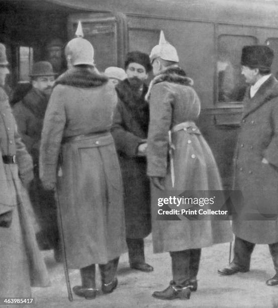 Leon Trotsky arriving for peace negotiations with the Germans, Brest-Litovsk, 7 January 1918. Trotsky led the Russian delegation at the negotiations,...