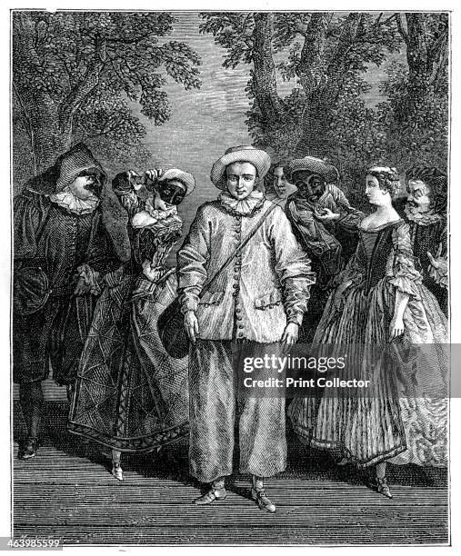 The Italian Theatre, . Pierrot and other characters from the Commedia dell'Arte theatrical tradition. Illustration from 18th Century Institutions,...