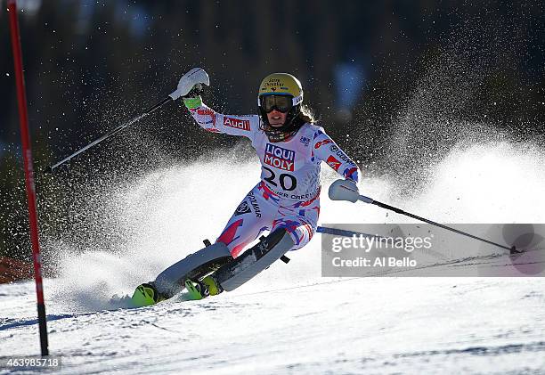 Laurie Mougel of France races during the Ladies' Slalom on the Golden Eagle racecourse on Day 13 of the 2015 FIS Alpine World Ski Championships on...