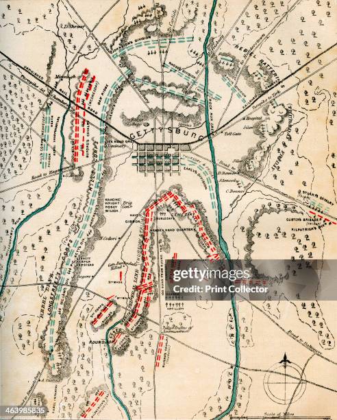 Map of the Battle of Gettysburg, Pennsylvania, 1-3 July 1863 . Gettysburg was the largest battle ever fought in the Western Hemisphere. Casualties on...