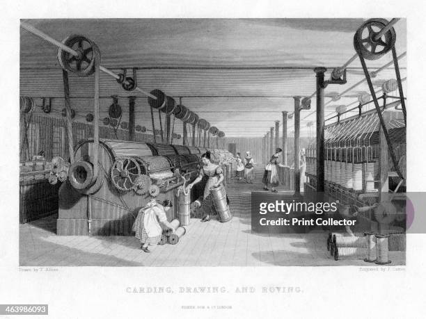 'Carding, Drawing, and Roving', 19th century. Scene in a Victorian textiles factory with looms powered by steam.