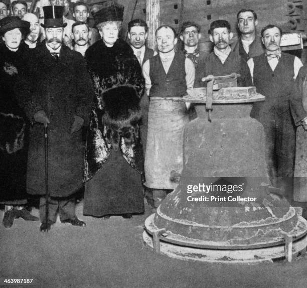 King George V and Queen Mary with the 'Victory' bell for Westminster Abbey, c1910s-c1920s . George, the second son of Edward VII and Alexandra of...