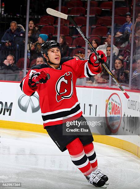 Jordin Tootoo of the New Jersey Devils celebrates his goal in the second period against the Vancouver Canucks on February 20, 2015 at the Prudential...