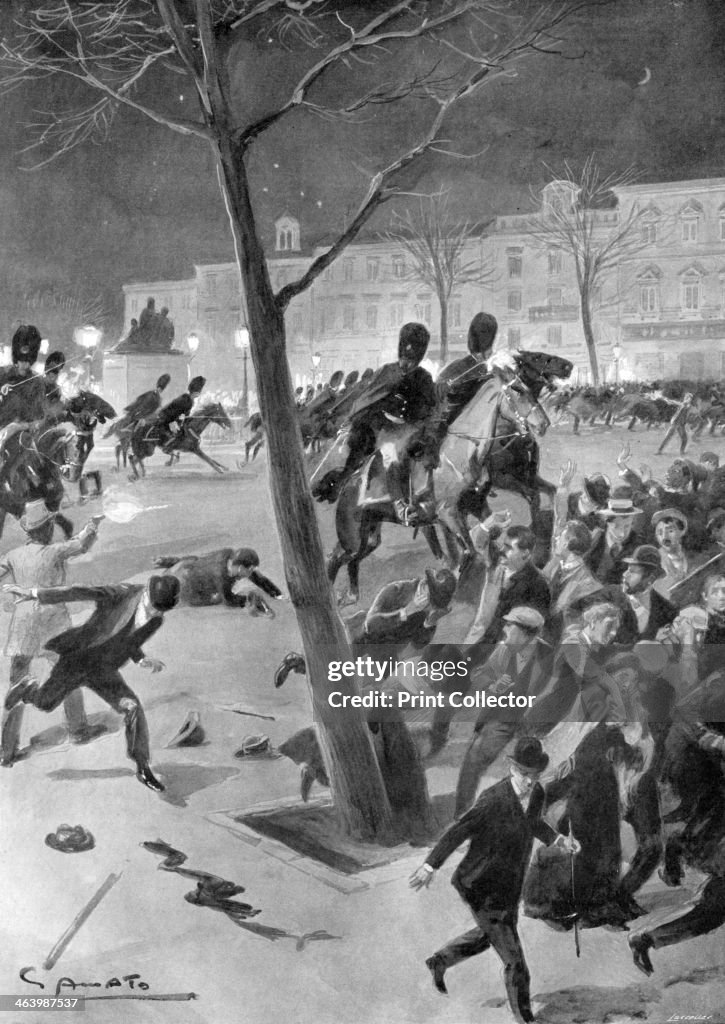 Gendarmes charging the rioters in the Place des Grand Sablons, Brussels, Belgium, 1902.Artist: G Amato