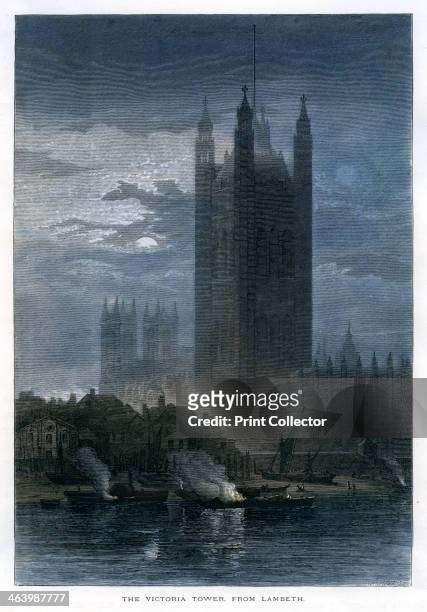 'The Victoria Tower, from Lambeth'. View of the Houses of Parliament from the South Bank of the River Thames. Hand-coloured later.