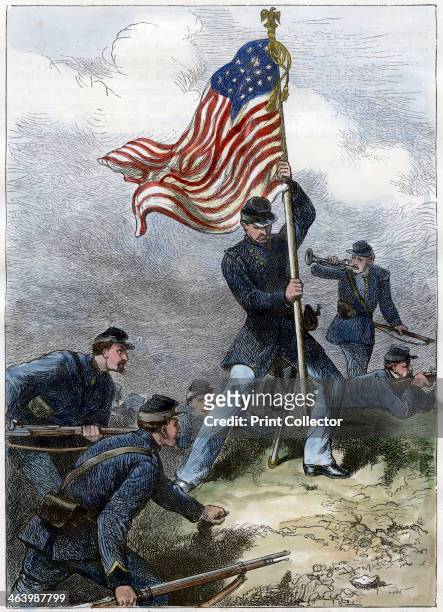 Planting the Union flag on a bastion, Siege of Vicksburg, 1863. Scene from the American Civi War. Hand-coloured later.