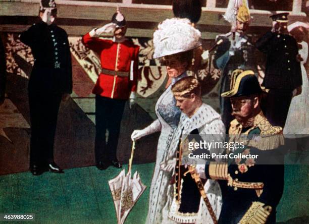 The investiture of the Prince of Wales, Carnarvon Castle, 1911-1912. Reproduced from a Kinemacolor film. On the death of his father, King George V,...