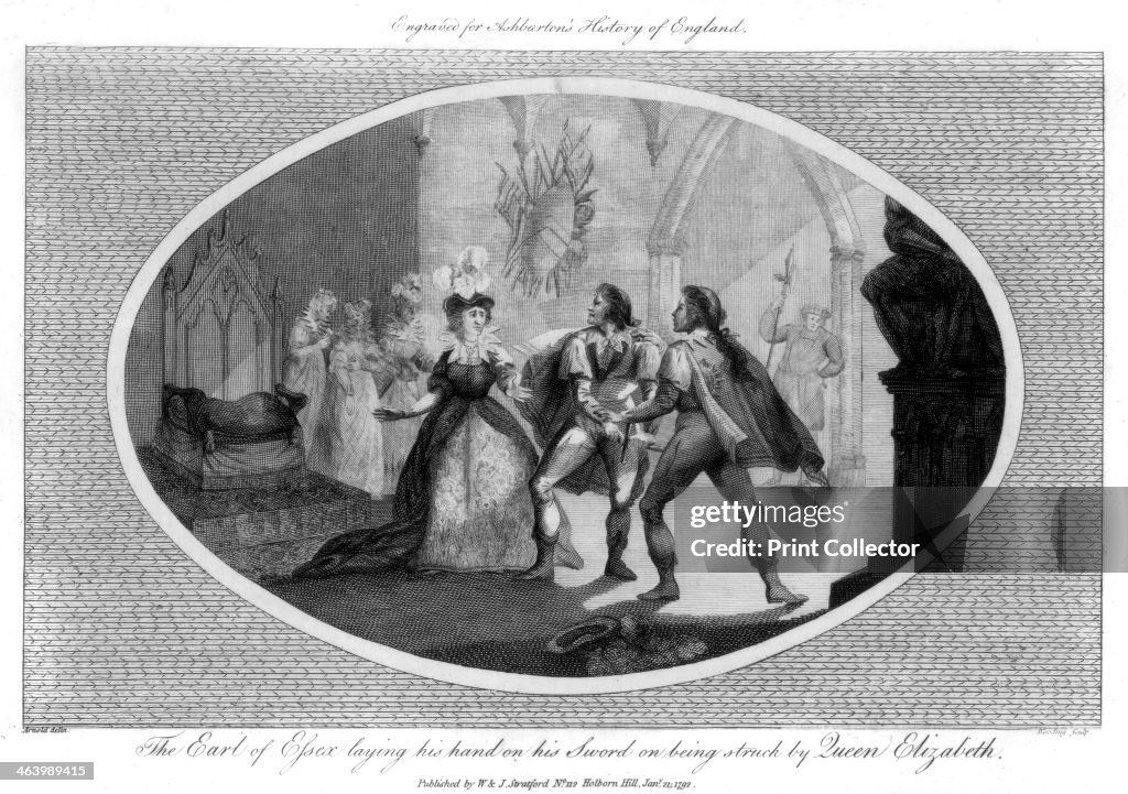 The Earl of Essex laying his hand on his sword on being struck by Queen Elizabeth, (1792).Artist: Wooding