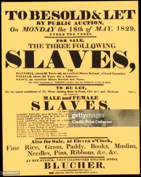 Bill advertising a West Indian slave auction in 1829, . A print from The Slave Trade and its Abolition, edited by John Langdon-Davies, Jonathan Cape,...
