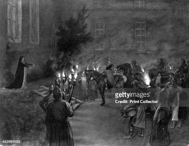 Lady Macbeth welcomes King Duncan at the gates of Macbeth's castle, 1909. A scene from Shakespeare's play. A print from L'Illustration, 4 September...