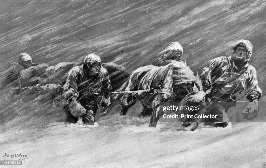 The trek during the snowstorm, 1909. Artist: Stanley L Wood