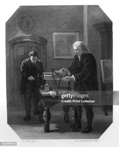 Pieter van Musschenbroek and Andreas Cunaeus, Dutch scientists, c1870. In 1745, Musschenbroek and his student, Cunaeus, invented a cheap and...