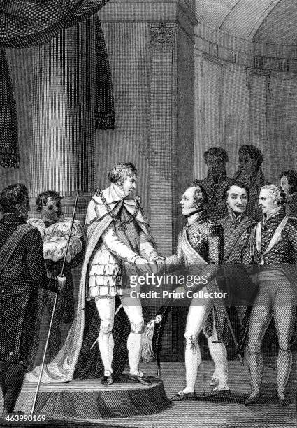 'The Illustrious Visitors', 1815. Visitors being greeted by the Prince Regent. George Augustus Frederick ruled as Prince Regent from 1811 during his...