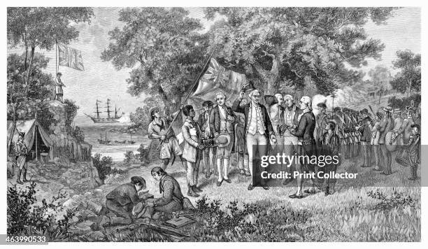 Captain Cook claims Botany Bay, New South Wales, Australia, 1770 . James Cook proclaiming New South Wales a British possession after landing there on...