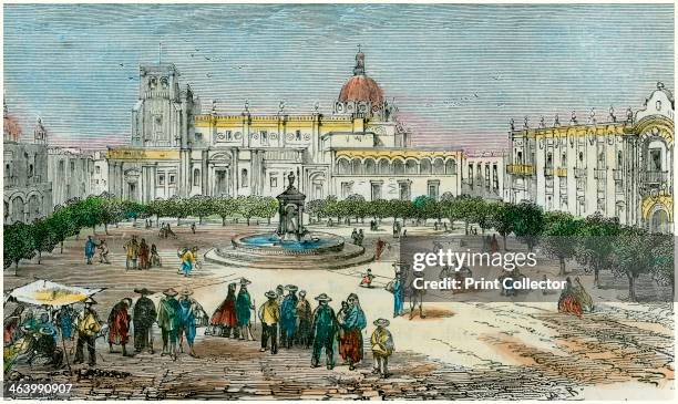 Plaza of Guadalajara, in the state of Jalisco, Mexico, c1880. View showing the city's cathedral, built by the Spanish in the 16th and 17th centuries.
