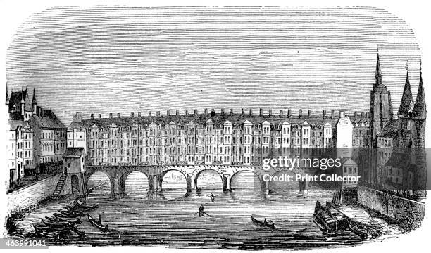 The ancient Pont aux Changers, Paris, France, c16th century . A 19th century version based on an original illustration in a manuscript on the...