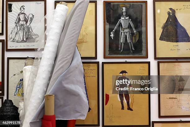 Illustrations by costume designer Piero Tosi ar shown at the Tirelli Atelier on February 20, 2015 in Rome, Italy. The costumier Tirelli was...