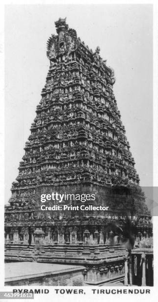 Pyramid Tower, Tiruchendur, Tamil Nadu, India, c1925. Hindu temple of carved stone. Cigarette card produced by the Westminster Tobacco Co Ltd, Indian...