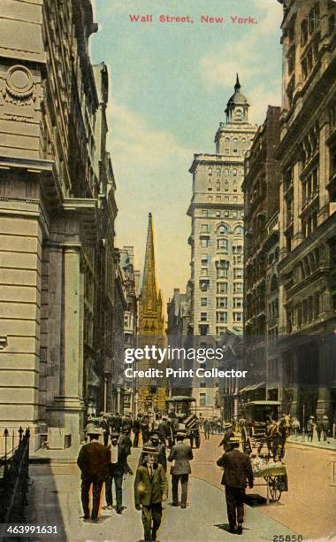 Wall Street, New York City, New York, USA, c1890-c1909. Postcard. Federal Hall and Trinity Church can be seen in the distance.