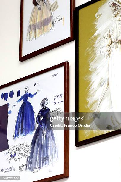 Illustrations by costume designer Ann Zoth for the dresses worn by Nicole Kidman for the movie Cold Mountain are shown at the Tirelli Atelier on...