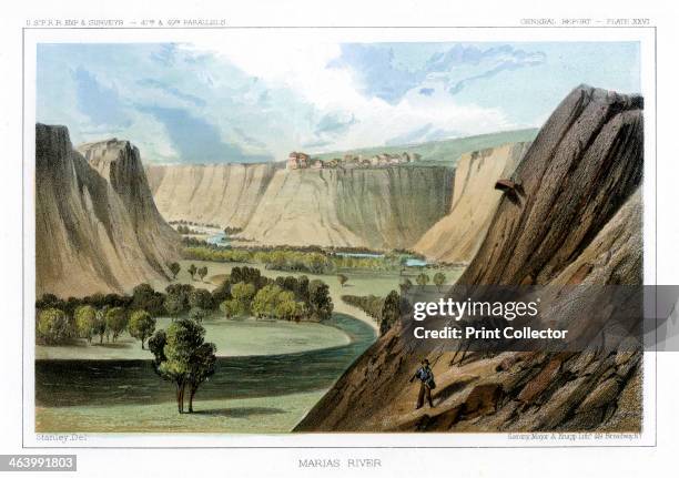 The Marias River, Montana, USA, 1856. Looking up the Marias River to Fort Benton on a bluff above the river in central Montana. Print from Reports of...