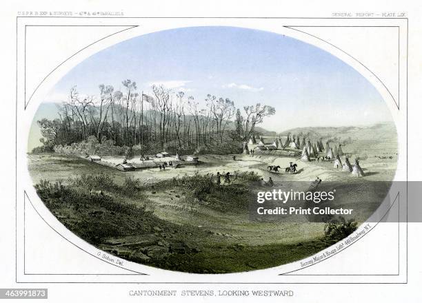 Camp Stevens, looking westward, Montana, USA, 1856. Camp Stevens served as a base for metereological observation and side explorations in the Rocky...