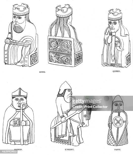 Bone chessmen of Scandinavian design, 12th or 13th century, . Found on the Isle of Lewis, now in the British Museum. An illustration from A Short...