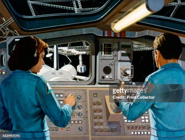 Inside a futuristic space station, c1970s.